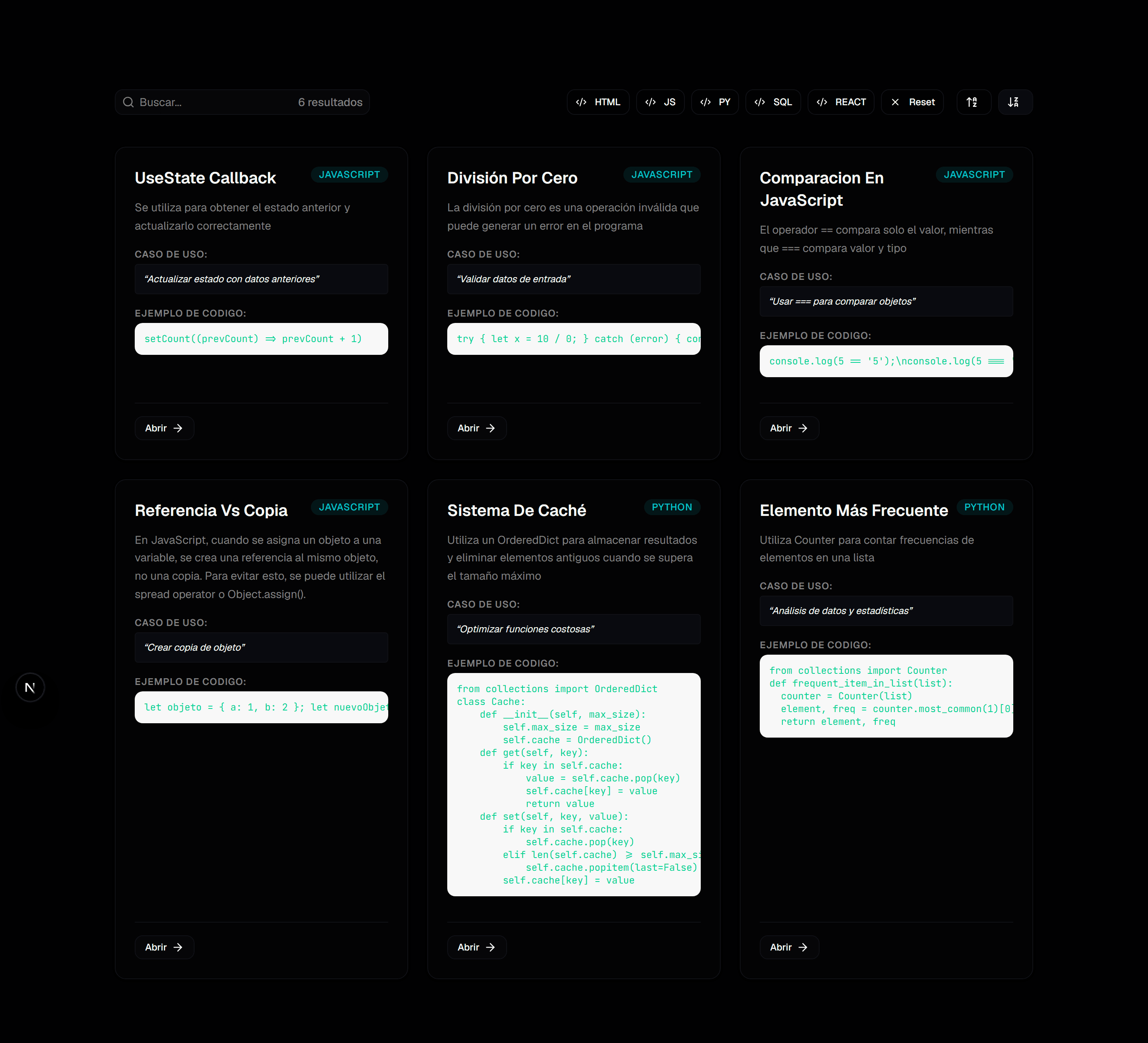 Dashboard con la grid de cards de estudio guardadas en InterviewKit
